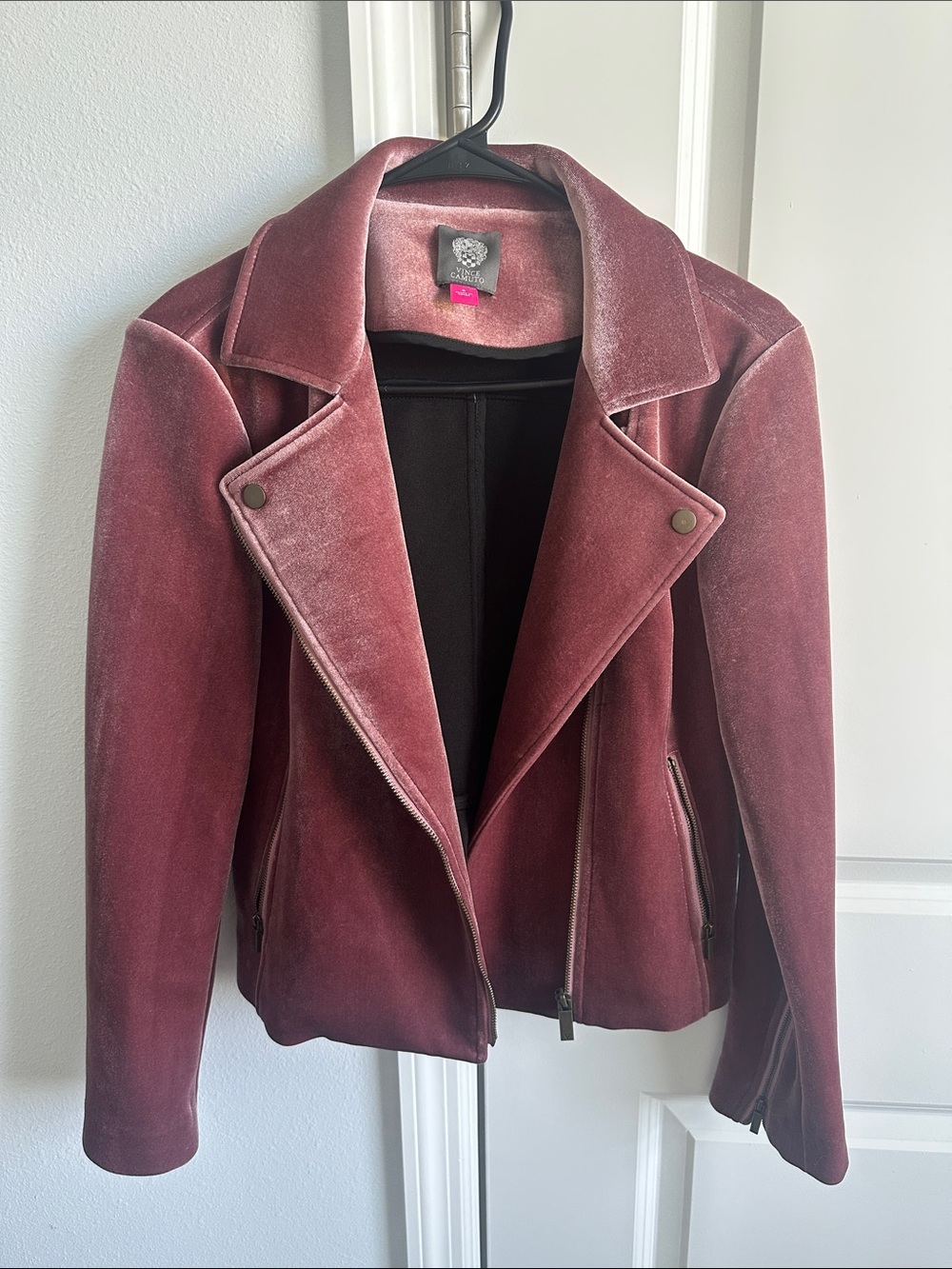 Vince Camuto City Chic Velvet Moto Jacket in Dusty Rose Plum